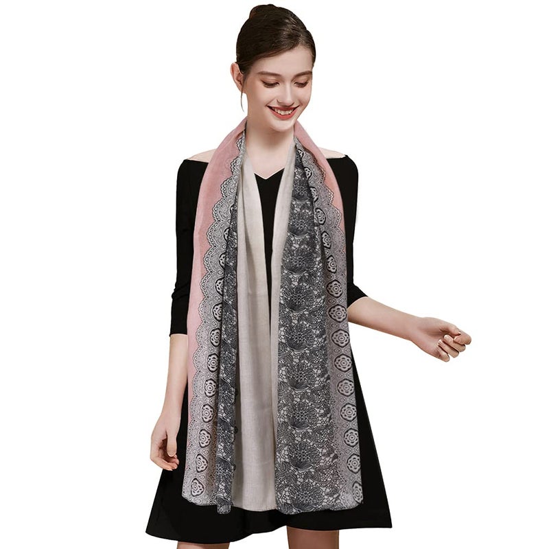 GERINLY Lace Print Women Fashion Scarf Lightweight Cotton Shawls and Wraps (Darkgrey Pink) - Image 3